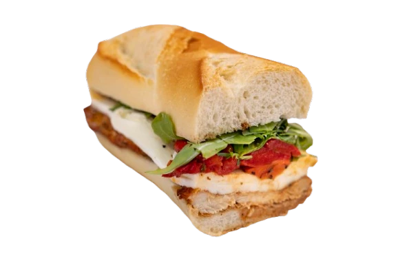 Chicken cutlet, fresh mozzarella roasted red peppers, arugula, oil